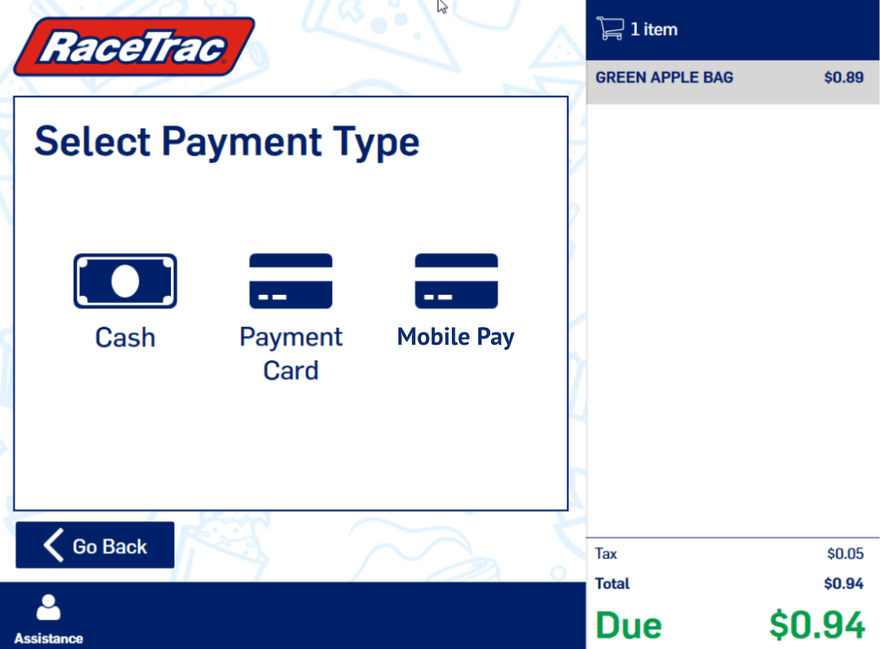 Self checkout select tender type screen that has cash, card, and mobile pay as options.