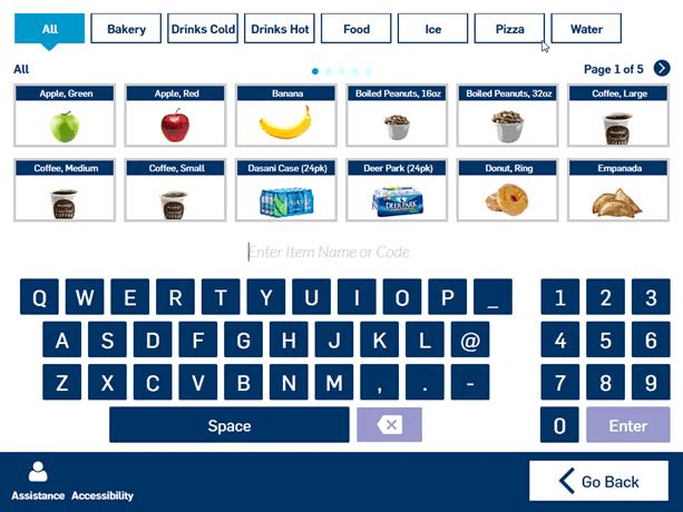 Self checkout product browsing screen that show products to pick from with a search bar.