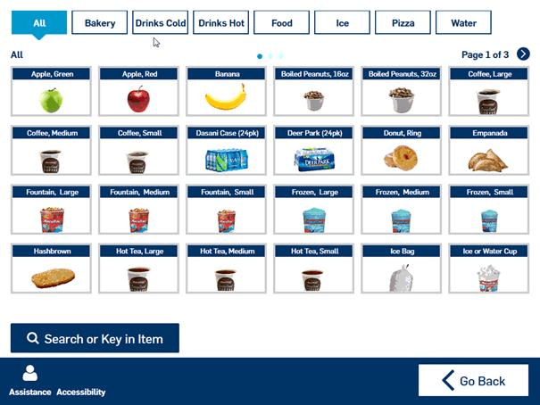 Self checkout product browsing screen that show products to pick from.