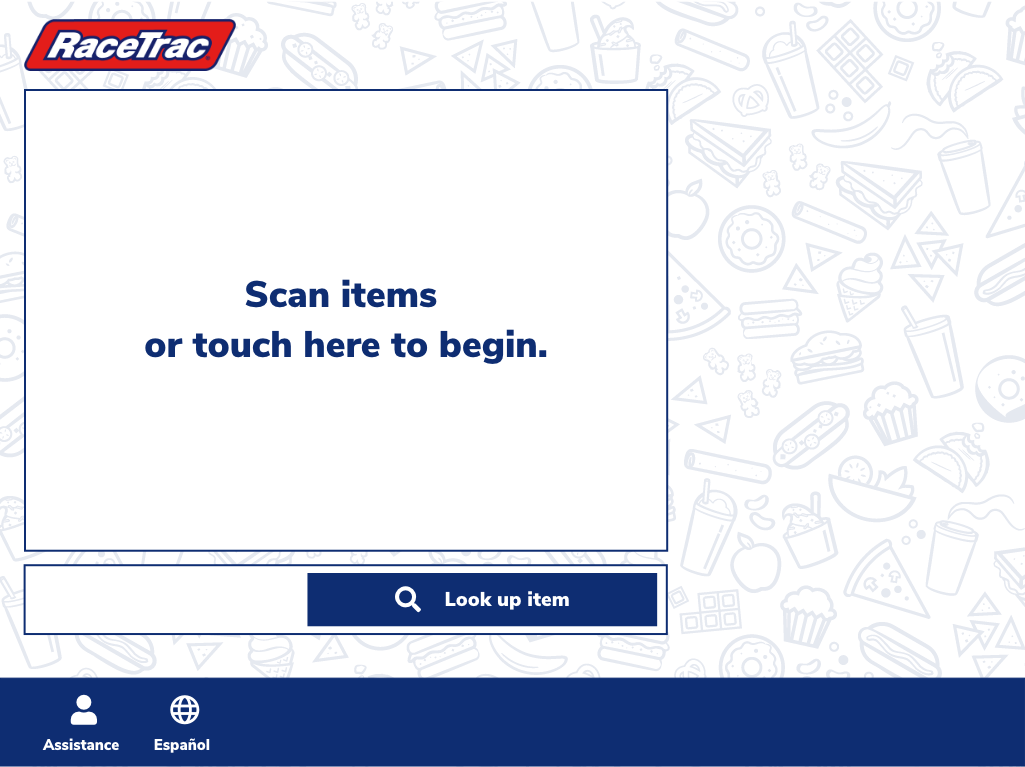 The new self checkout home screen that has a white background and icons of various foods such as ice cream, hot dogs, etc.